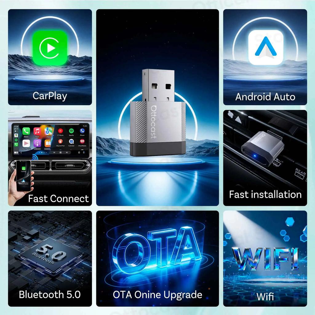 NRYJK1 Ottocast Mini Nova Wireless Adapter CarPlay Android Auto Bluetooth WiFi USB Dongle Cube 3.0 for Nissan Ford Renault Mazda VW Ben