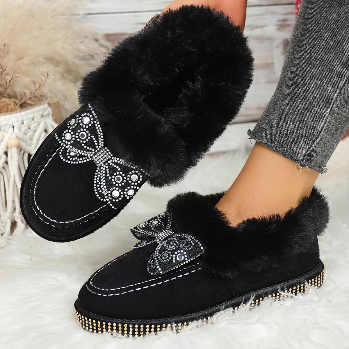 

Fashion Fashion Design Bowknot Furry Snow Boots Women 2025 Winter Luxury Glitter Faux Fur Ankle Boots Warm Short Plush Slip On Booties 36 чёрный