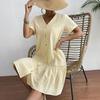 Women's Summer Cotton Linen Midi Dress Casual Short Sleeve V-Neck Button Down Dress Flowy Ruffled A-Line Beach Sundress
