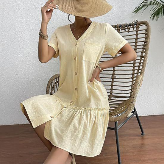 Women's Summer Cotton Linen Midi Dress Casual Short Sleeve V-Neck Button Down Dress Flowy Ruffled A-Line Beach Sundress