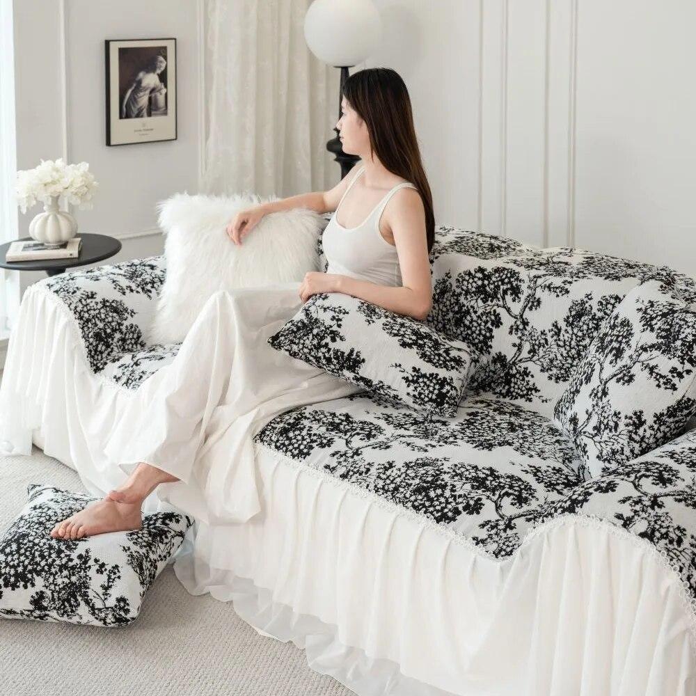 Two-seat Sofa Towel Lace Ruffles Sofa Cover Jacquard Chenille Slipcover for L Shaped Couch Armchair Loveseat Furniture Protector