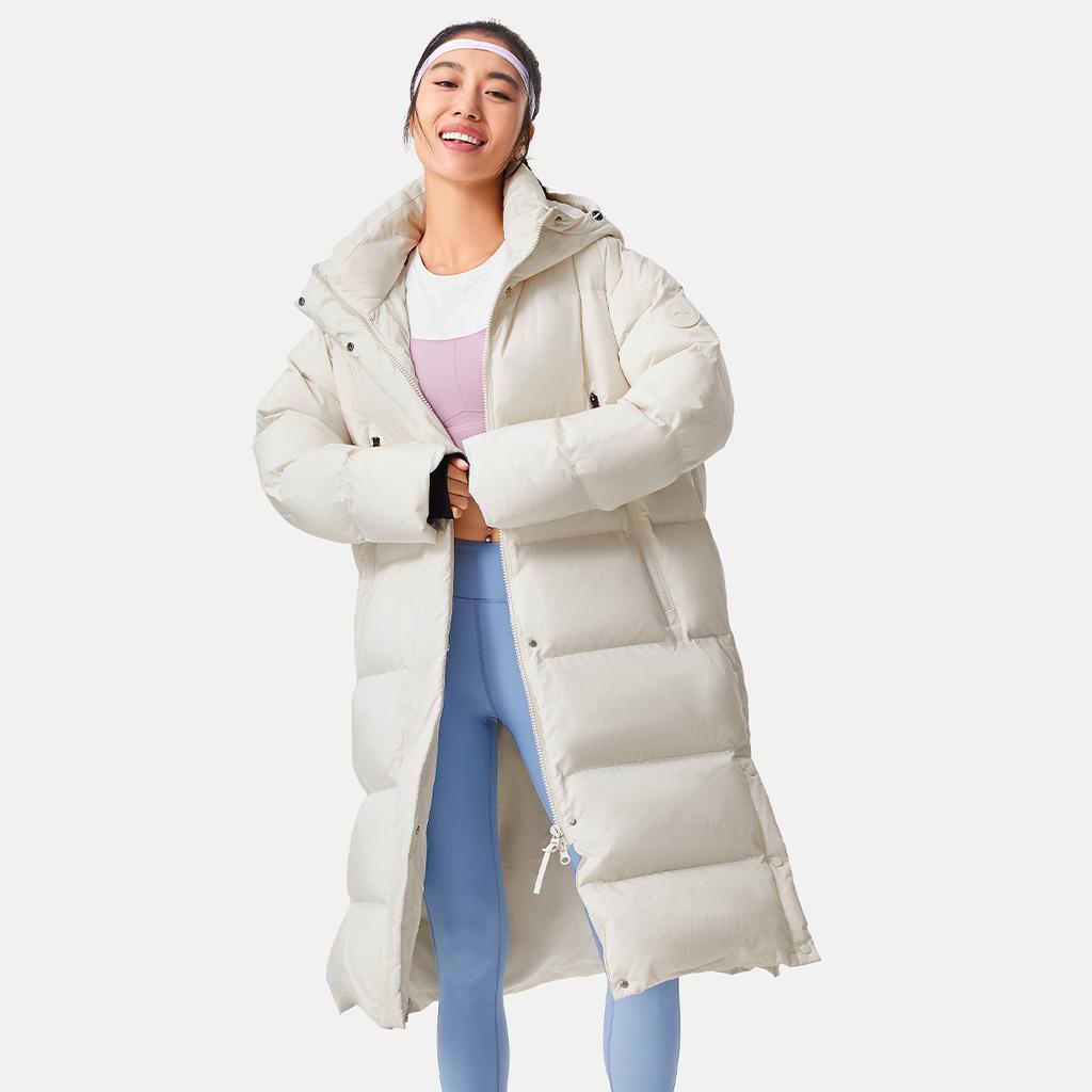 Li Ning Fitness Series Sports Leisure Loose Hooded Cold Resistant Warm Outdoor Long Down Jacket Women Outerwear Champagne-White AYMU110-1