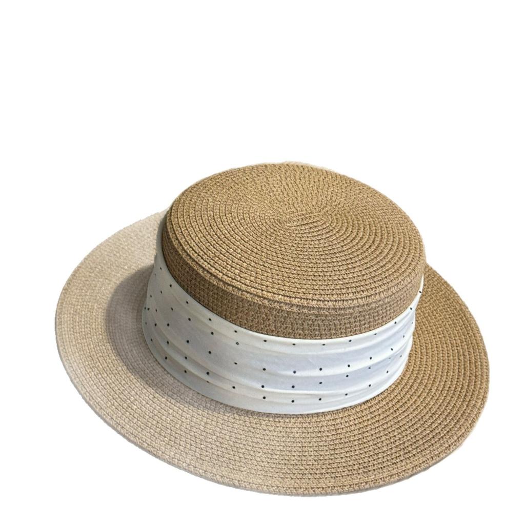 Spring and summer sun protection elegant French polka dot vacation hat for women, beach hat for seaside trips, fashionable flat-top straw hat