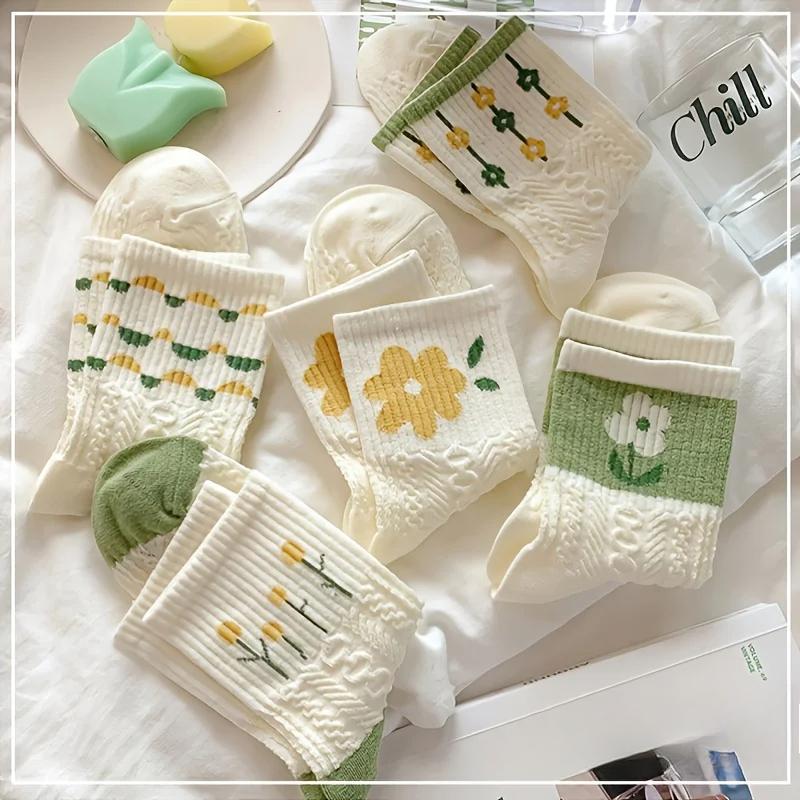 5 Paar Retro-Blümchensocken, Struktur-Unifarbsocken, Damensocken & Strumpfwaren Wadenhohe Socken Rustikale Retro-Freizeitsocken