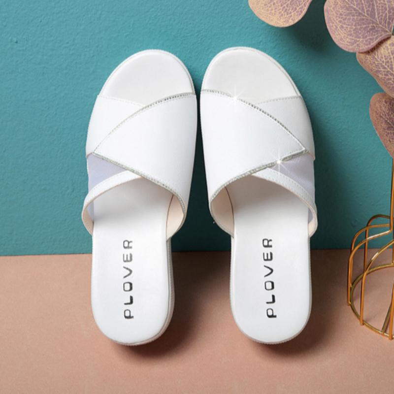 Summer New Flip Flops Women's Thick-soled Lightweight Sandals Soft Leather Hollow Rhinestone Wedge High Heels for Outdoor Wear