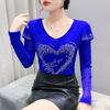 Fashion Spring Autumn Korean Sexy V-neck Hot Diamonds T-shirt Chic Hollow Out Long Sleeve Womens Tees Streetwear Girl Elastic Mesh Top