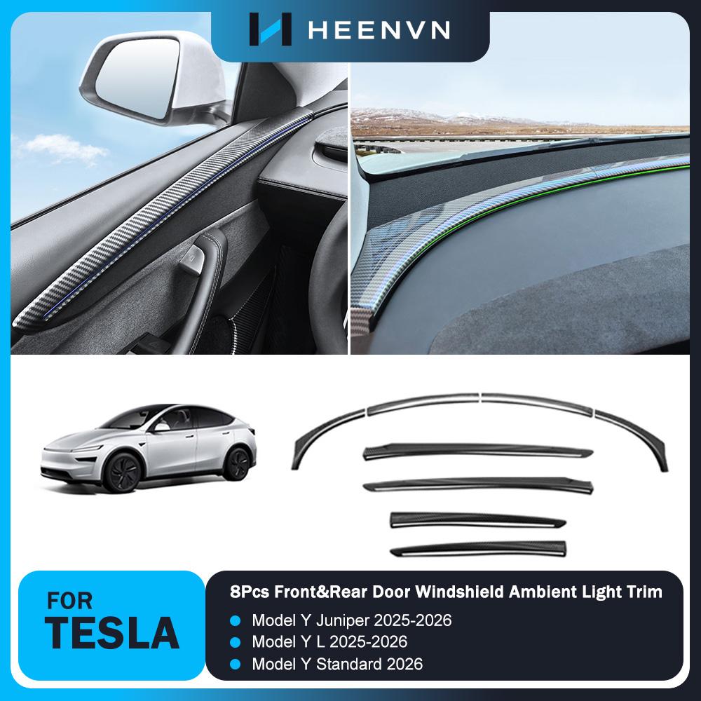 Heenvn ABS Carbon Car Door Decor Strip For Tesla Model Y Juniper Model YL 2025 2026 Anti-Scratch Windshield Ambient Light Trim