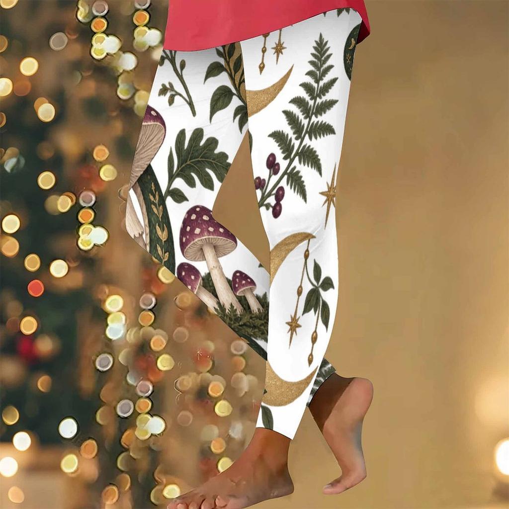 Women Plus Size High Waist Full Length Fitted White Printed Mushroom Floral Yoga Leggings