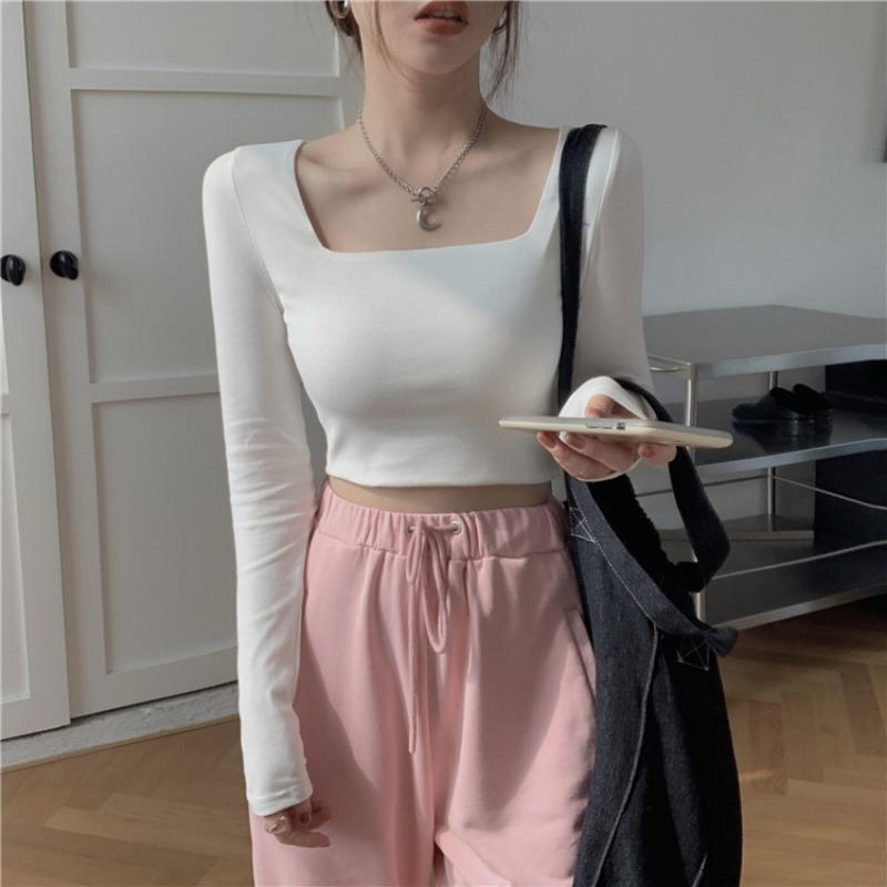 Square Collar Short Tops for Women New Korean Style Slim-fitting Bottoming Shirts Long-sleeved T-shirts Trendy