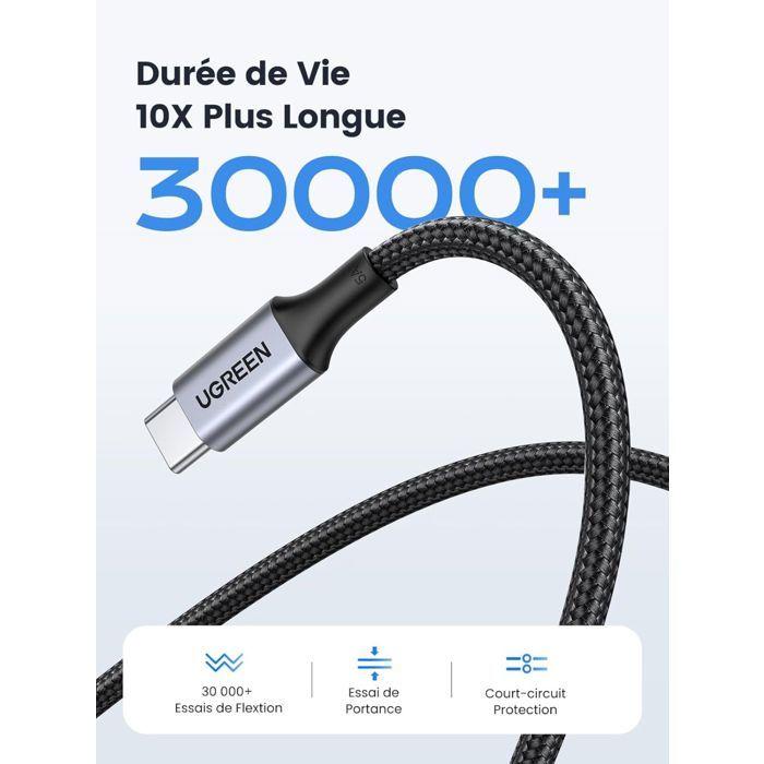 Câble USB-C - UGREEN - Câble renforcé type C vers C - 1 m - 100W - Noir