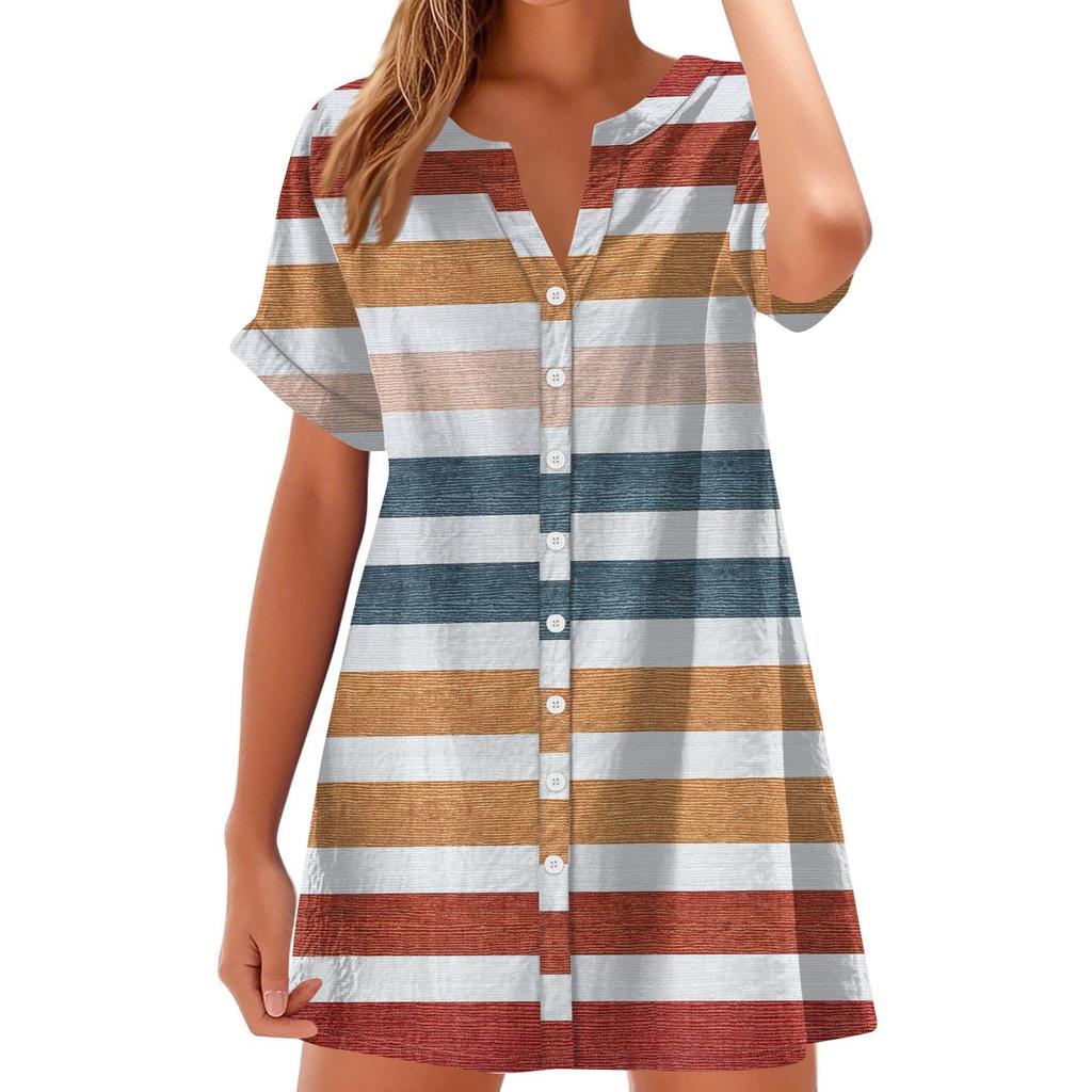 Women Fashion Casual V-neck Short Sleeve Button Stripe Print Dress