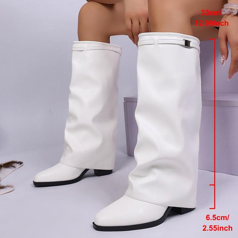 White Chunky Heel Knee Length Boots Women Plus Size 43 Slip On PU Leather Long Botas Mujer 2025 Fall Winter Shark Boots