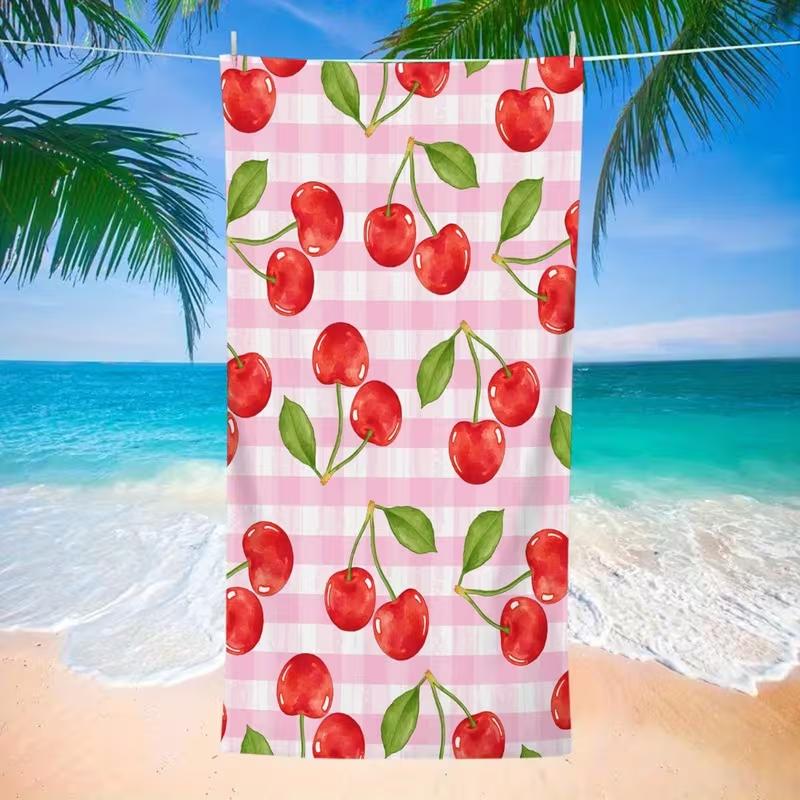 Watercolor Strawberry Print Beach Towel Quick Dry Lightweight Sweet Cute Fruit Print Towel for Summer Vacation Swimming Pool