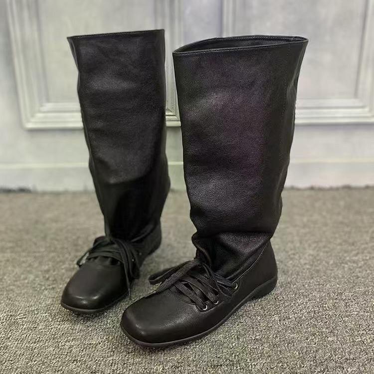 Martin Boots Women's Retro Round Head Strap Pleated Pile Boots Women's Thick Heel High Boots 2025 New Western Cowboy Boots