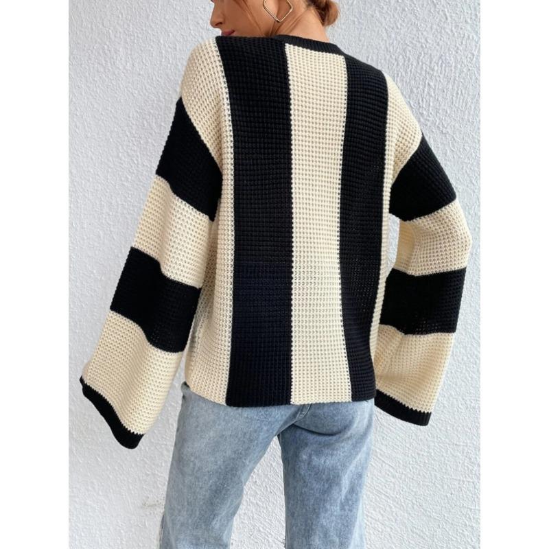 Damski Sweter Dzianinowy Casualowy w Paski Patchworkowy Okrągły Dekolt Rozszerzane Długie Rękawy Luźny Modny Dzianinowy Top Casualowy Wszechstronny Miękki Stylowy Sweter Dzianinowy Płaszcz