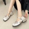 Mode Damen Mary Jane Schuhe Blockabsatz Gürtelschnalle Schleife Karree Zehenbereich Damenschuhe Kleid Party Flachmaul Retro Zapatillas De Mujer