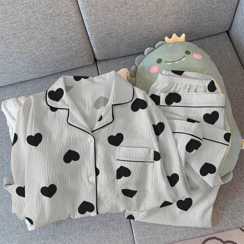 Pajamas Women'S Spring Wrinkled Cloth Long-Sleeved Love Sweet Fashion Loungewear Two-Piece Set Can Be Worn Outside