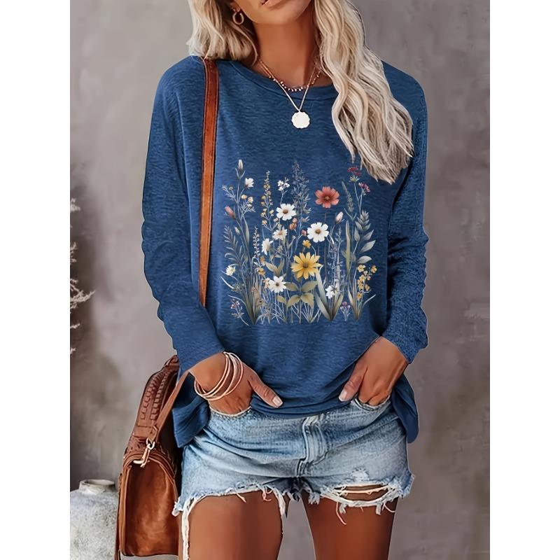 Top holgado de manga larga con cuello redondo y estampado floral para mujer