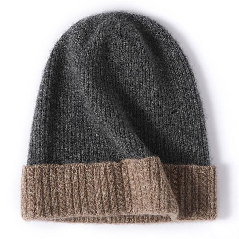 Unisex 100% Cashmere Color Block Knit Hat with Ear Protection