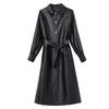 Womens Mid-Long Sheepskin Leather Coat Winter Elegant Office Wear Oversized Fit Black Army Green Burgundy