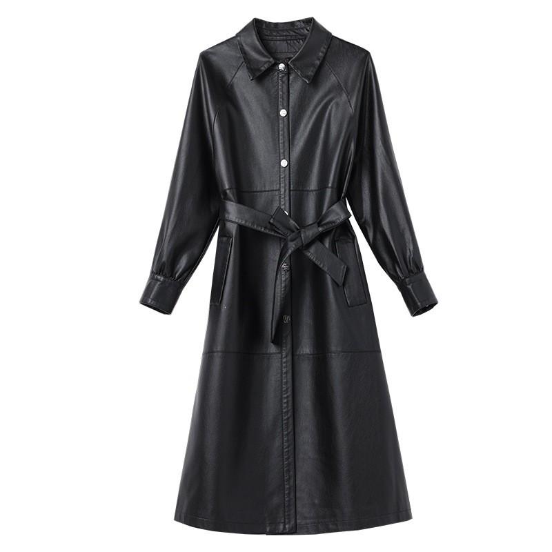 Womens Mid-Long Sheepskin Leather Coat Winter Elegant Office Wear Oversized Fit Black Army Green Burgundy