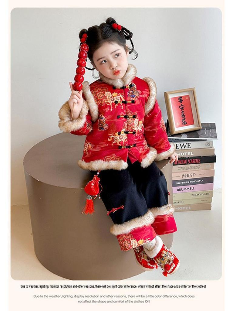 Plus Velvet Girls' New Year Tang Suit - Winter 2025 Two-Piece Set, Children's Chinese Style Outfit