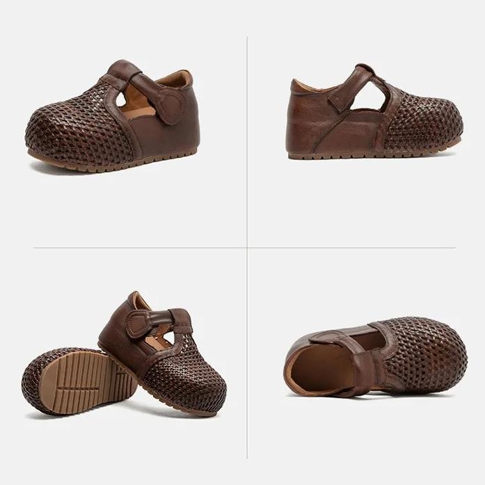 Johnature Genuine Leather Retro Woven Hollowed Out Height Increasing Sandals Comfortable Women's Shoes