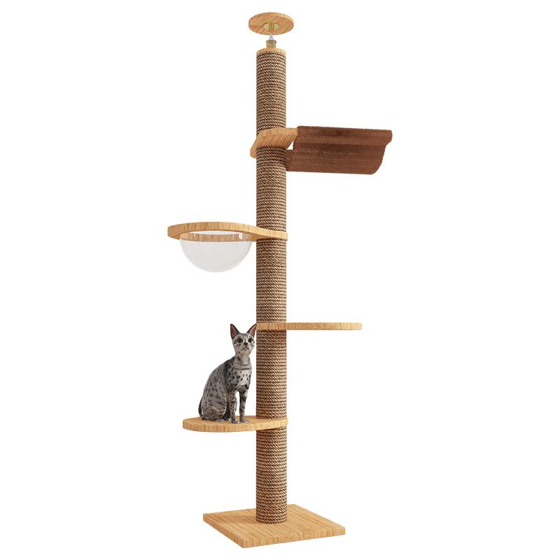 Boden-bis-Decke Katzenkratzbaum mit Raumkapsel & Kratzstamm, Massivholz, Vier Etagen, Katzenkletterspielzeug