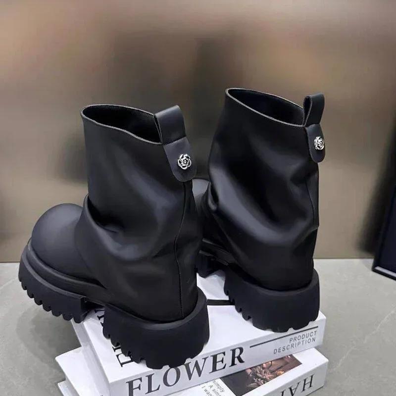Platform Women Ankle Boots Mid Heels Designer Laether Shoes Fashion Winter Woman 2025 Trend Chelsea Boots Goth Femme Chaussures