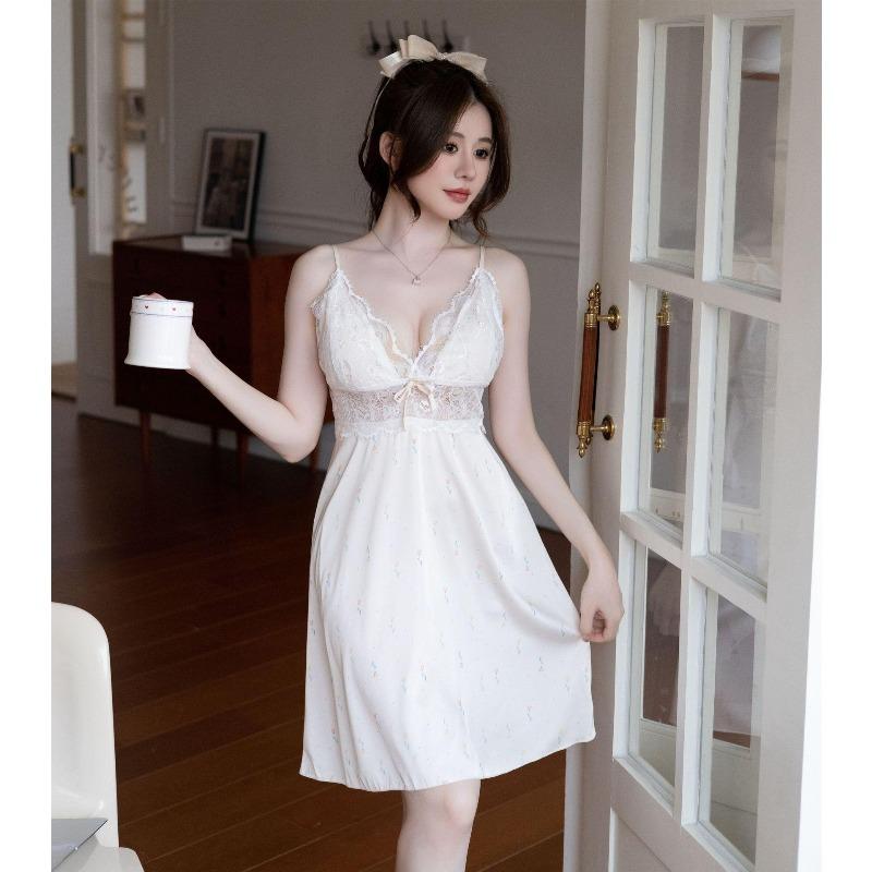 New sexy nightdress women with chest pad suspenders ice silk pajamas printed pure desire pajamas summer