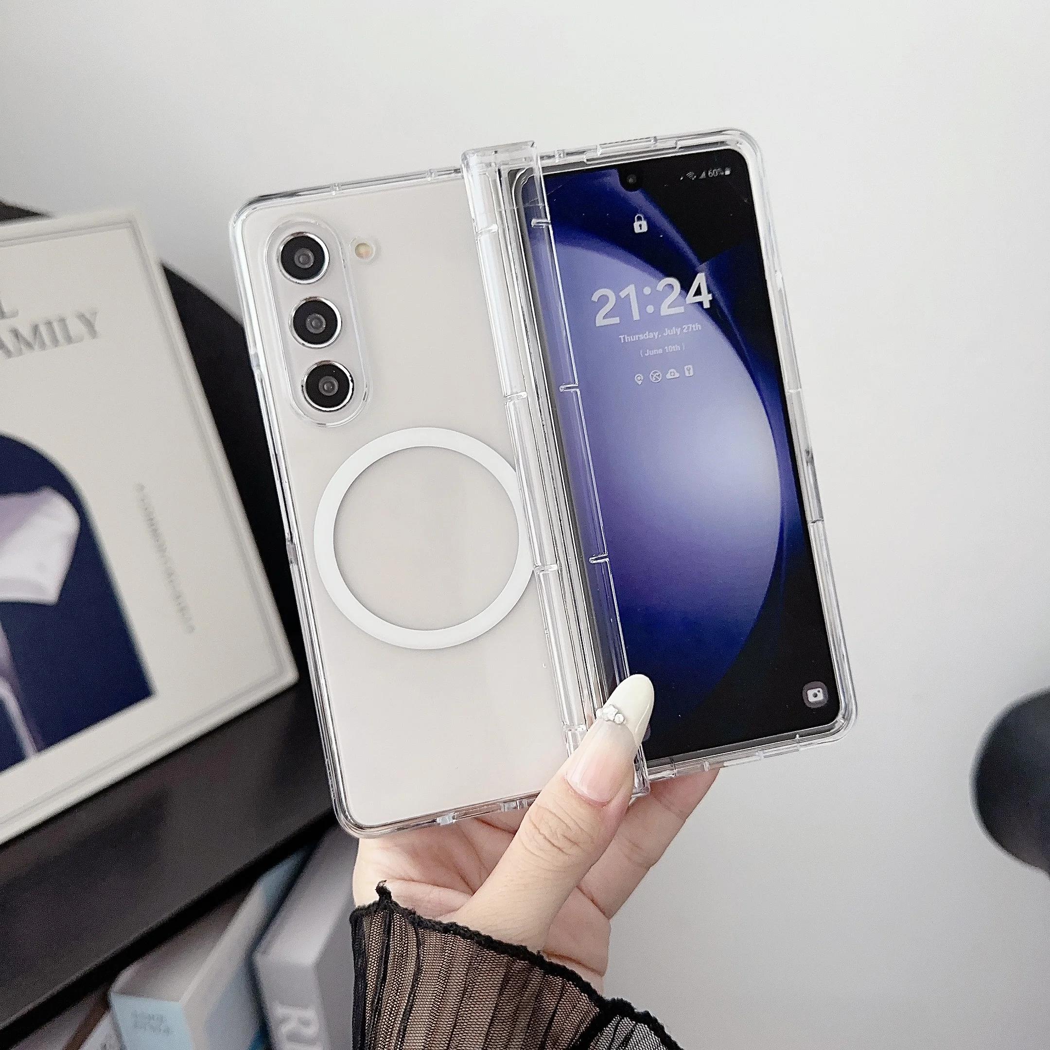 Magnetic Wireless Charging Clear Phone Case for Samsung Galaxy Z Fold 7 6 5 4 3 Fold6 Fold5 Hinge Protection Galaxy Z Fold6
