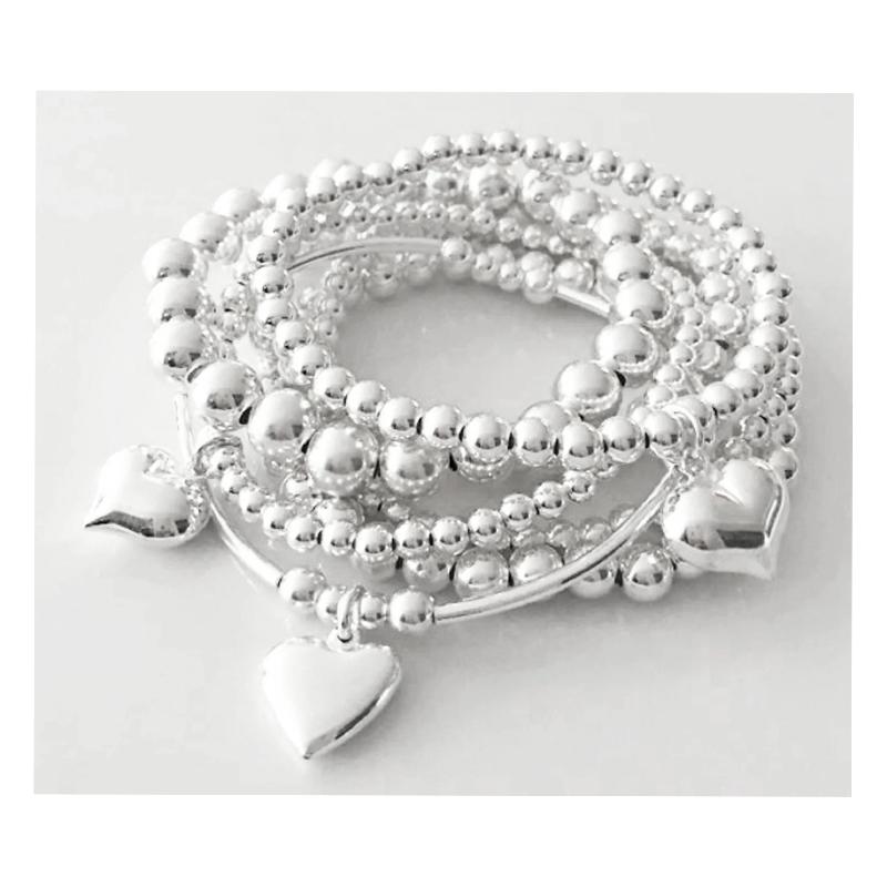 7Pcs/Set Chic Heart Charm Beaded Bracelet Set For Women Vintage Simple Silver Color Exquisite Multi-Layer Bracelets Jewelry Gift