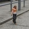 Orange Top Hand-Painted Resin Figurine Sunglasses Walking Woman Phone