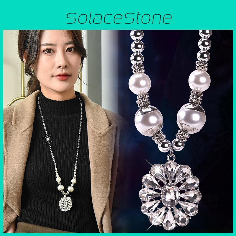 Stylish Women's Long Pearl Necklace Featuring Floral Design And Gold-plated Accents