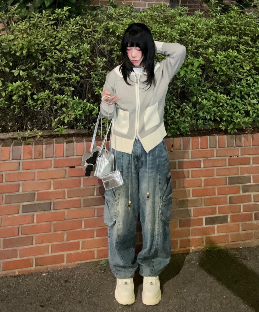 BLOND9 Shawl Collar Coloration Knit Zip-Up_Gray
