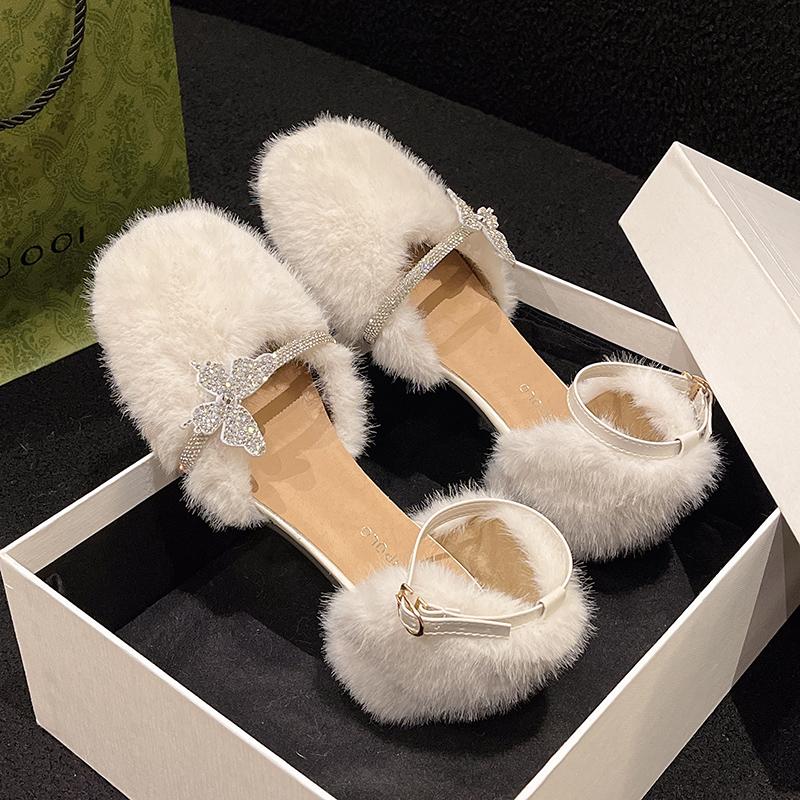 Crystal Butterfly Women Sandals Designer 2025 New Summer Fur Heeled Shoes Trend Chunky Marie Janes Luxury Woman Pumps