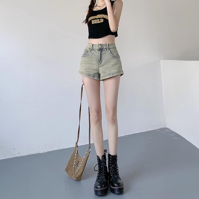 American Spicy Girl Women's High-Waist Denim Shorts, Summer 2024 - Slimming A-line Hot Pants, Washed Finish