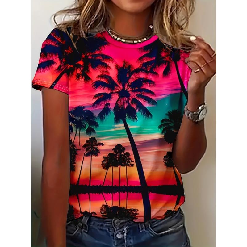 

Plus Size Coconut Tree Print T-shirt Vacation Style Short Sleeve Crew Neck Top for Spring Summer Women Plus Size Clothing S