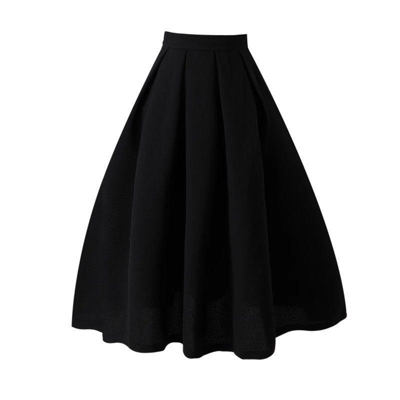 High-Waisted Midi Skirt - Spring & Autumn 2025 Versatile Hepburn Style A-Line Black Dress