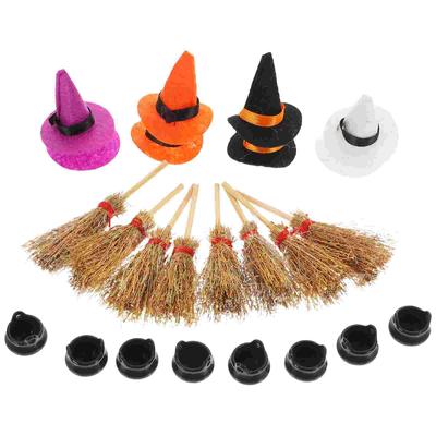 Halloween-Zwergenhut, Hexeneimer-Set, Besen, Kessel zum Basteln, kleine Dekorationen, Mini-Spielzeughüllen, Hüte, Plastikpuppen