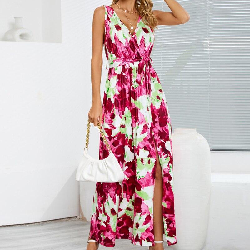 Summer Sexy Printed Bohemian Dress Beach Women Elegant Sleeveless Holiday Long Dress High Split Casual Vestidos De Verano 25208