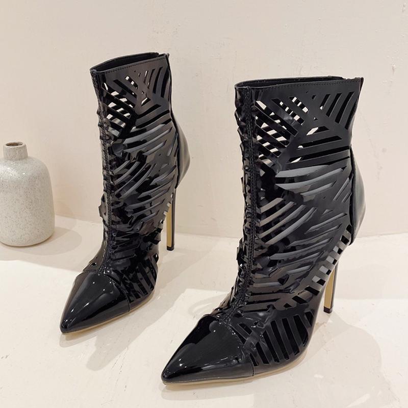 

Модные ботильоны Liyke в римском стиле с перфорацией для женщин, однотонные черные из лакированной кожи, с острым носком, на высоком каблуке, танцевальная обувь, женские ботильоны на молнии 35 чёрный