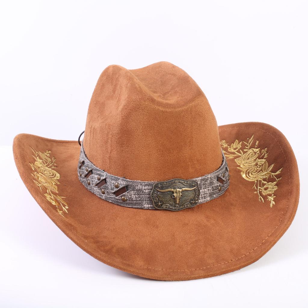 Popular European and American Classic Suede Western Cowboy Hat Men's and Women's Big Brim Embroidered Outdoor Sun Hat