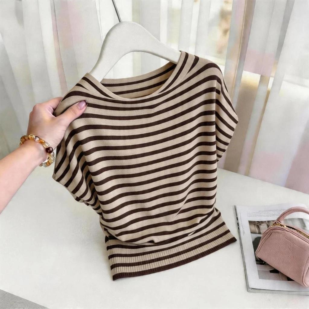 2026 Summer Waist-Cinching Striped Batwing Top - Short Sleeve, Loose, Slimming Design for Women