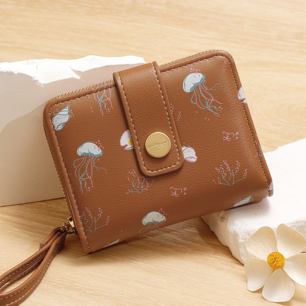 New Jellyfish Printed Women s Wallet Short Student Card Bag Buckle Zipper Girls Coin Purse Multi-slot Card Holder Money Pouch коричневый