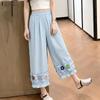 Women Casual Elastic Waist Loose Floral Splice Summer Cropped Pants