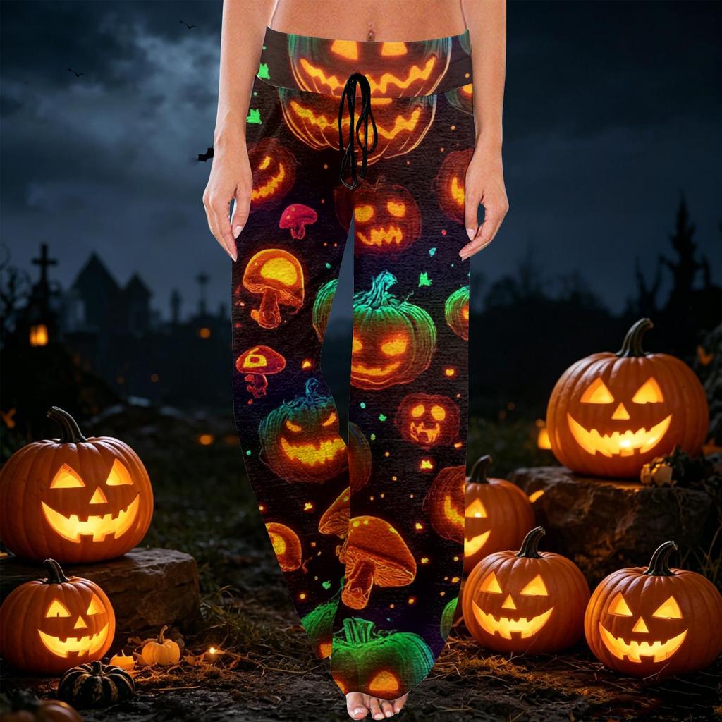 Bequeme Damen-Schlafanzughose mit Karomuster, Halloween-Print, Kordelzug, weiter Beinschnitt für Schlaf und