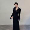 Women's Slim Fit Knitted Polo Collar Long Dress - Contrasting Color, Cinched Waist, Autumn/Winter Style