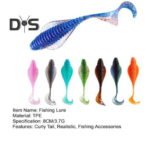 8 Stück 8 cm/3,7 g weicher Wurmköder mit lockigem Schwanz, bunter Kunstköder, Salzwasser-/Süßwasser-/Barsch-/Schlangenkopfforellen-Angelzubehör