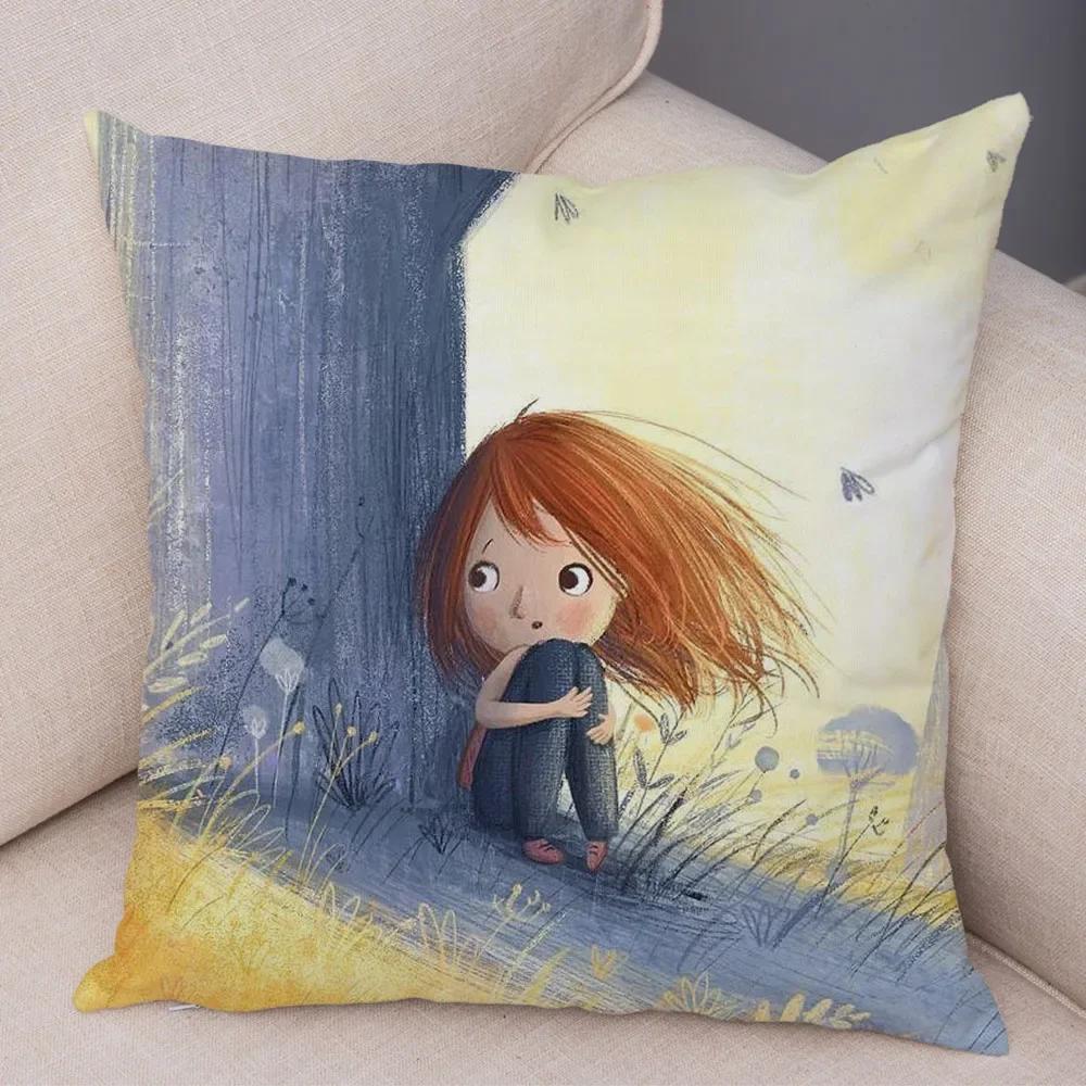 Față de pernă decorativă Artă Lume de basm colorată, Minunată față de pernă cu fetiță de desene animate, pentru canapea, casă, față de pernă super moale de pluș